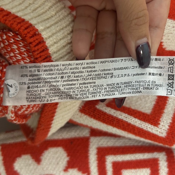 Zara Orange Jacquard Floral Geometric Chunky Knit Sweater Size S retro cozy 70s - Picture 13 of 13